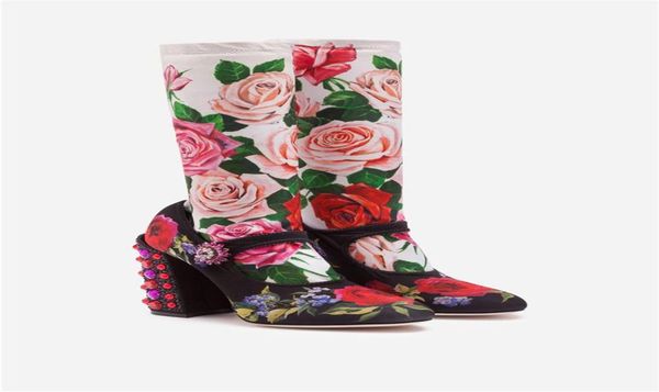 

2019 ladies leather diamond pearl chunky high heel round toes buckle strap sandals shoes half boots booties print flower1528034, Black