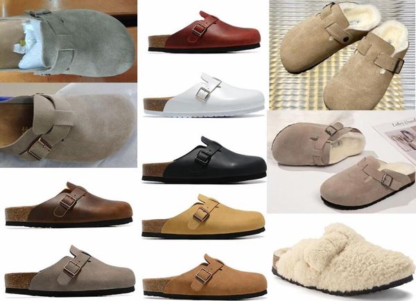 

designer slippers boston soft footbed women men mink sandals shearling suede leather buckle strap shoes arizona wool felt anthraci9502138, Black