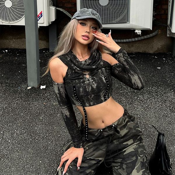 

women's t shirts goth dark fairy grunge aesthetic tie dye t-shirts cyber y2k mall gothic hooded crop women punk hollow out streetwear, White