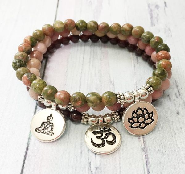 

mg0481 6 mm natural stone yoga bracelet handmade unakite lotus charm bracelet garnet rhodonite bracelet for women6665187, Black
