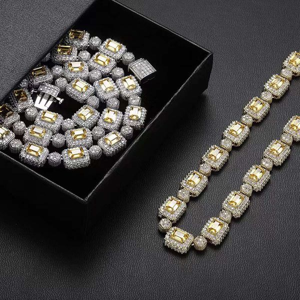 

hip hop jewelry 10mm cuban chain brass iced out square round yellow zirconia prong setting necklace, Silver