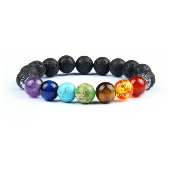 

7 chakra healing stone yoga meditation bracelet 10mm lava rock stone beads stainless steel jewelry1775877, Black