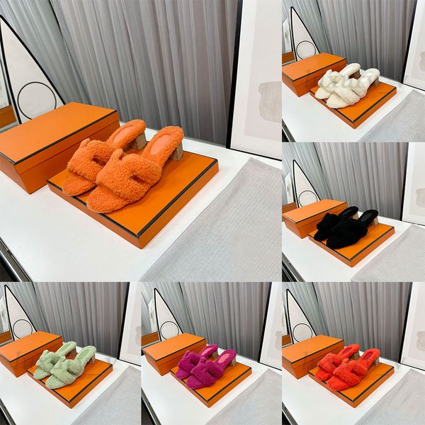 

designer fur slippers oasis slippers chunky high heels winter wool slides wooden sole classic leather chypre sandals furry fluffy mules, Black