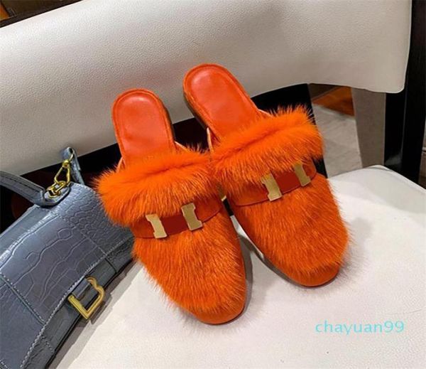 

2021 designer wool slippers women princetown kelly fox fur mink hair sandals metal chain shoes winter plush outdoor warm loafe6532617, Black