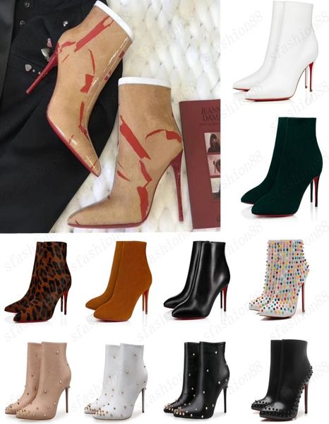 

2021 new womens high heels 100mm boot ankle winter real leather pumps rivet leopard paris boots size 35-41 with box9472102, Black