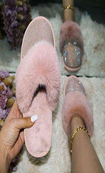 

woman home plush fur slippers women crystal slippers autumn winter warm shoes female shoes indoor casual footwear big size 43 w2207273177, Black