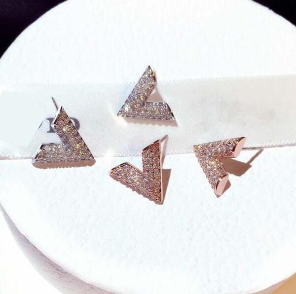 

full crystal zirconia cz stud earrings fashion v letter triangle cute shining diamond earring jewelry gift2090133, Golden;silver