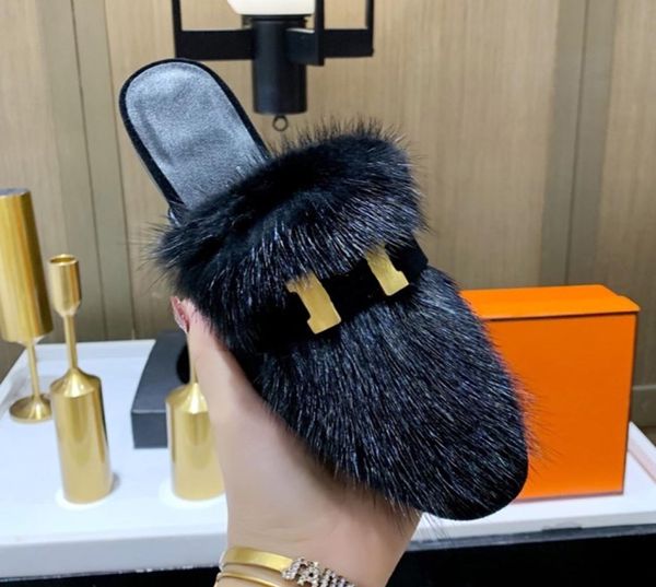 

flat casual slippers for womens dress shoes classic h buckle decoration shoe designer mink hair loafers genuine leather comfortabl9303049, Black