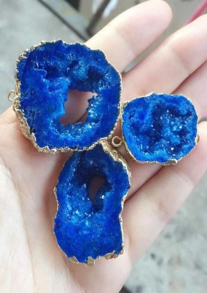 

6pcs gold plated dark blue color nature quartz druzy geode connectordrusy crystal gem stone pendant beads jewelry 63793226042855, Black