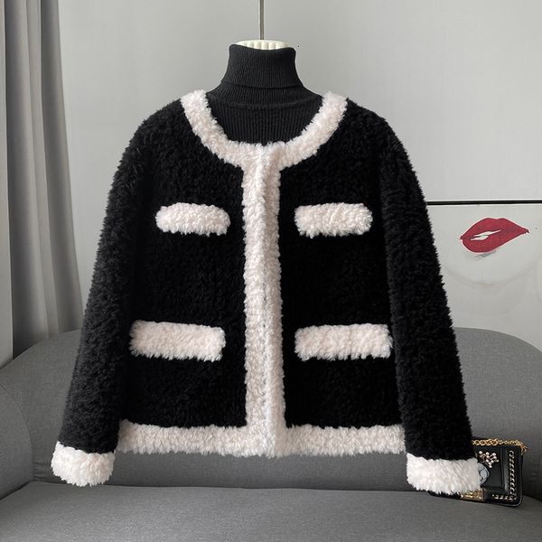 

womens fur faux lamb wool winter elegant coat female girl sheep shearling short warm jacket jt3317 230904, Black