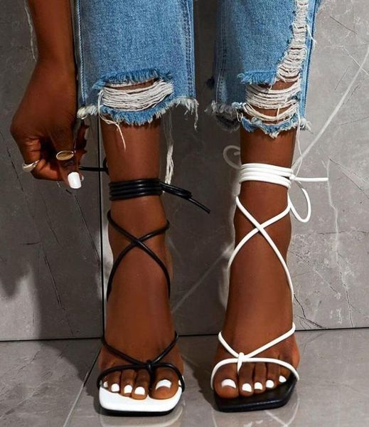 

lace up heel new fashion women sandals square toe thin cross tied party shoes high heel 9cm black white size 3542 20214013347