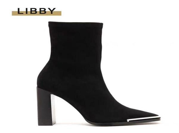 

ankle boots for women 2020 metal decor square toe boots women 9cm chunky high heels woman warm patent leather shoes6160152, Black
