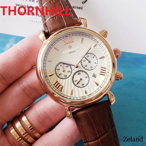 

all dials work brand mens 42mm watches clock genuine leather stainless steel wristwatch fashion quartz waterproof calendar men wat2892, Slivery;brown