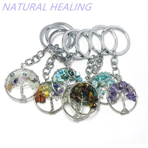 

women natural chip quart stone bead 30mm tree of life keychains wholesale key rings, Slivery;golden