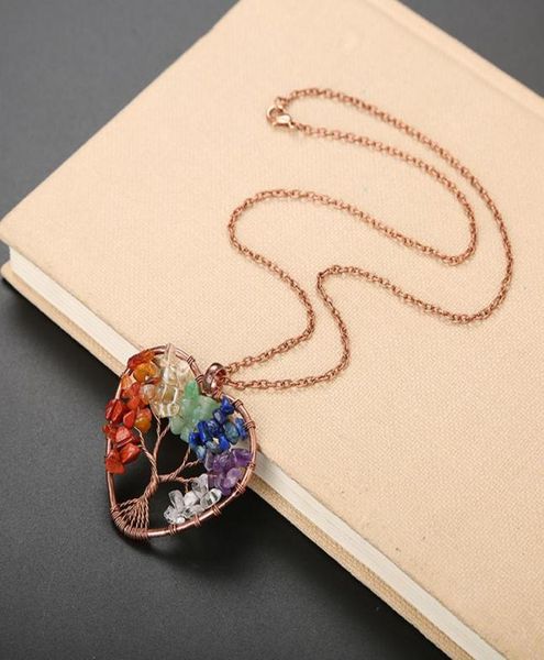 

handwork chakra heart pendant necklace wire natural stone beads tree of life necklaces for women children fashion jewelry will and7995529, Silver