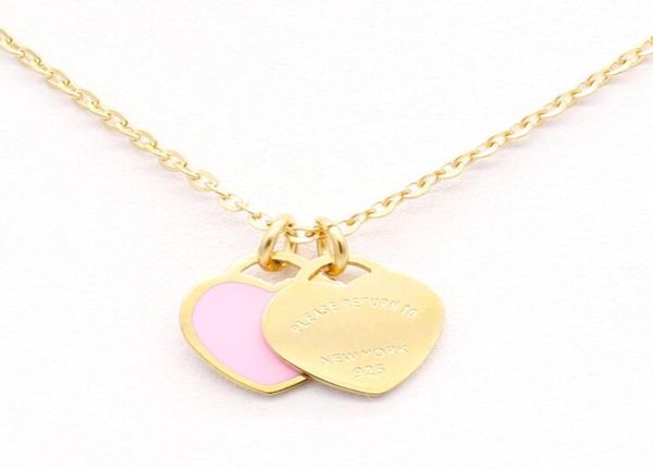 

highquality new stainless steel enamel pink double heart necklace t necklace female short 18k gold titanium steel necklace pendant6231670, Silver