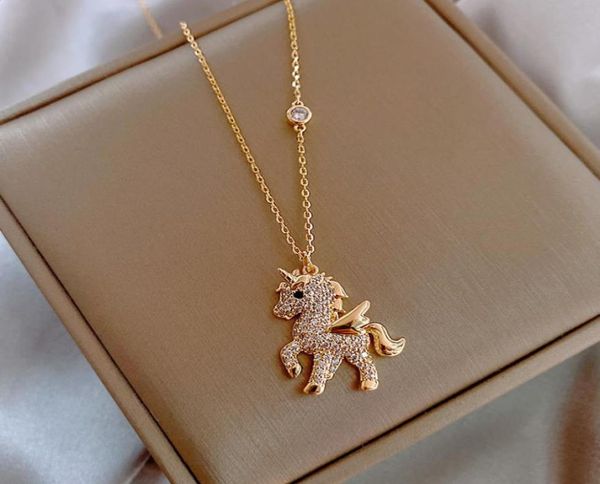 

korean personality simple rhinestones unicorn pendant necklace temperament sweet girl women fashion jewelry accessories3261974, Silver