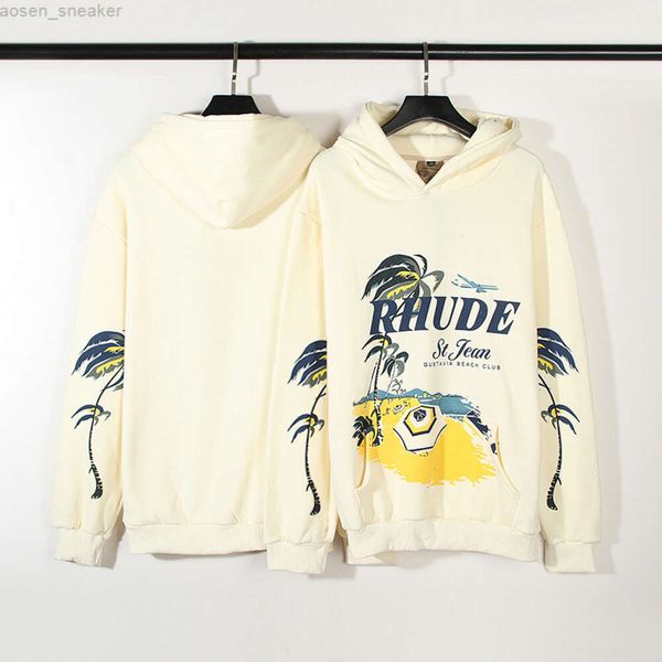 

2023 high street rhude beach coconut tree printing hoodies loose men women hoodie y2k streetwear sweatshirts, Black