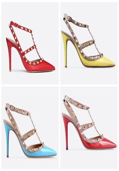 

designer pointed toe 2strap with studs high heels matte leather rivets sandals women studded strappy dress shoes valentine high h9118952, Black