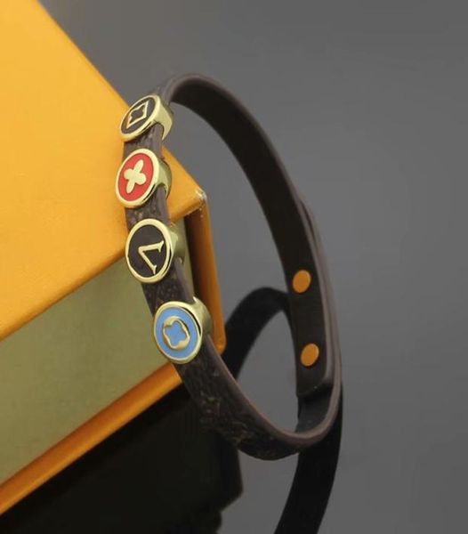 

europe america fashion lady women print letter flower pattern design enamel four rivets engrave v letter metal leather bracelet ba2235512, Black