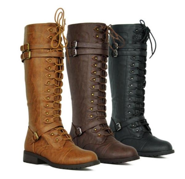

new knee high women boots autumn winter lace up vintage flat shoes steampunk leather retro buckle ladies snow boots 2009164136711, Black
