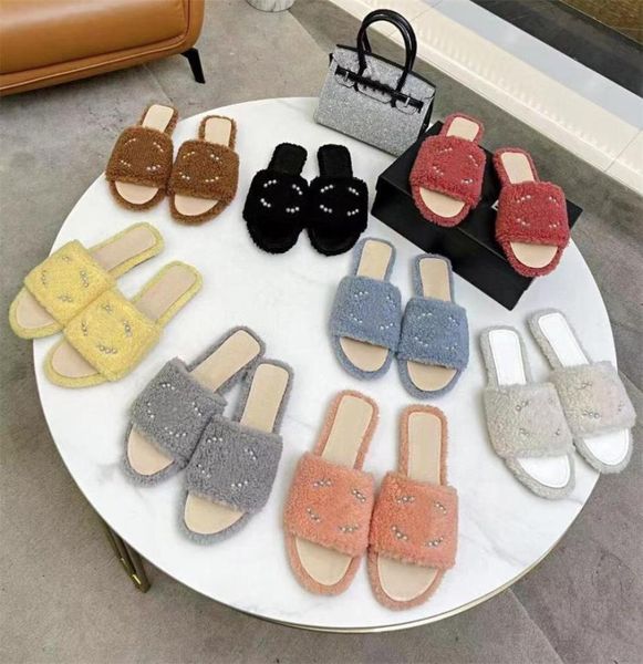 

designer furry slides pearl fur slippers winter warm wool slides women mules interlocking ladies hollow sandals2033545, Black