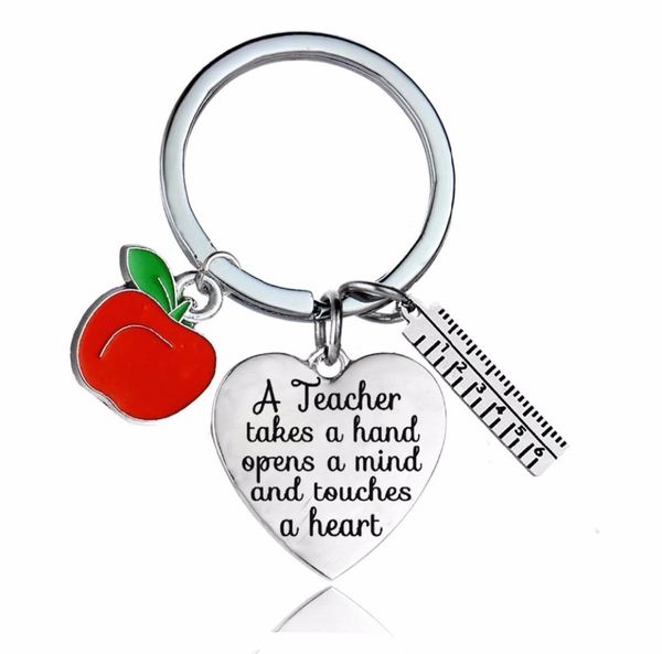 

12pclot a teacher takes a hand opens mind and touches heart keychain gifts apple ruler charms keyrings for teachers jewelry keych3353738, Silver