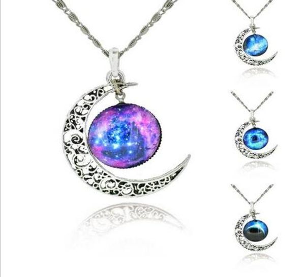 

alloy hollow moon glass galaxy pendants silver chain statement necklaces 2016 new fashion jewelry charms friend gifts2777741