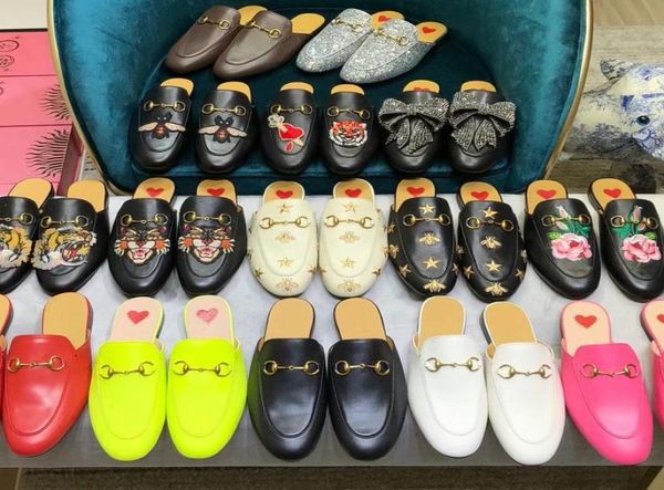 

women princetown loafers autumn winter warm wool slippers classic metal buckle embroidery sandals men leather half slipper pattern9894419, Black