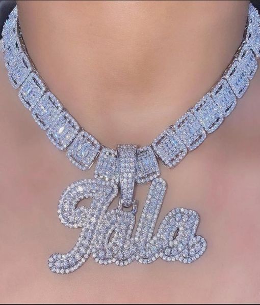 

uwin custom brush cursive letter pendant name necklace baguettes chain micro paved cz personalized hiphop jewelry4509444, Silver