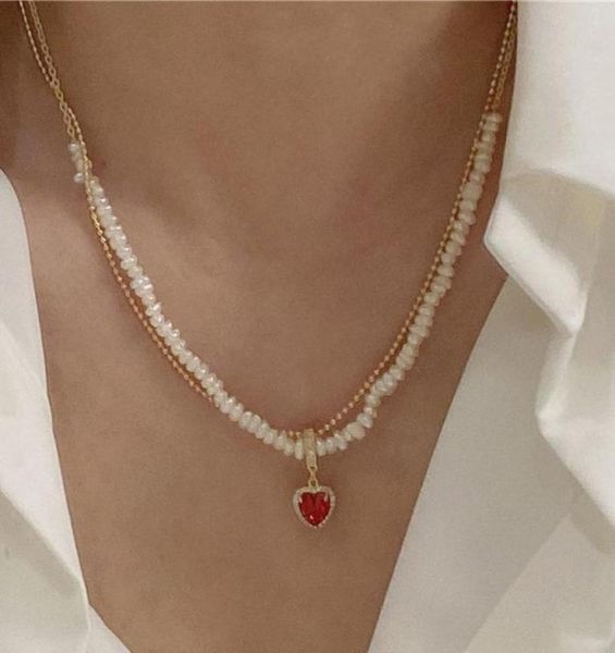 

pendant necklaces origin summer sweet fashion cubic zircon red love heart necklace for women doublelayer genuine pearl jewelry8799113, Silver