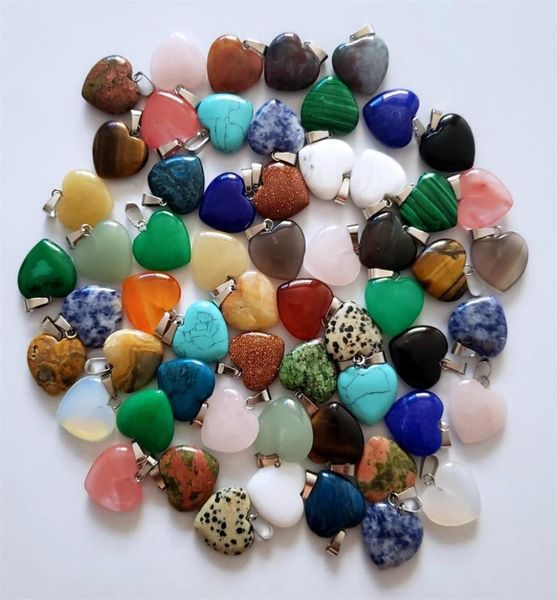 

whole 50pcslot good quality assorted heart natural stone charms pendants for jewelry making 20mm fashion gift v1911298535175, Silver