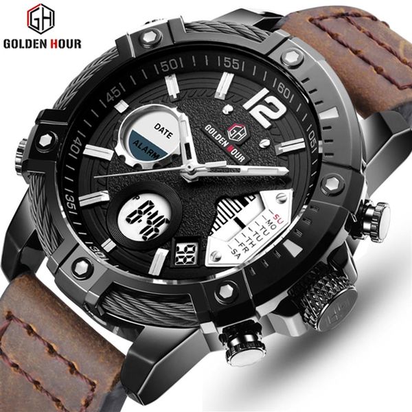 

brand goldenhour genuine leather mens quartz watch sport military clocks waterproof alarm man wristwatch relogio masculino230m, Slivery;brown