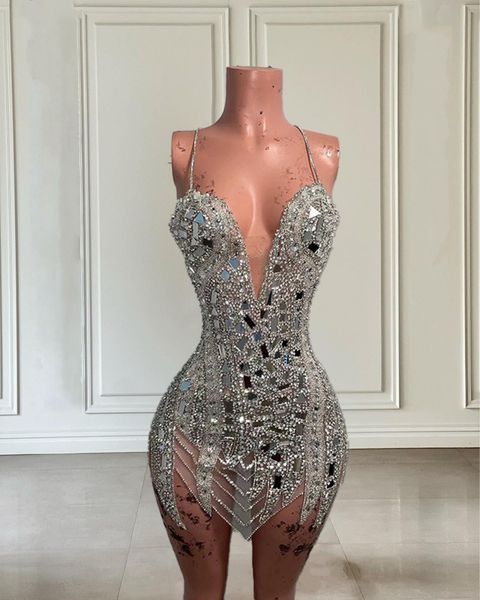 

shinny fitted short silver prom dress for black girl gold crystal beads mini cocktail birthday party gowns 2024 robe de soiree