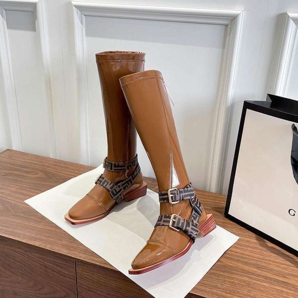 

f queen fan under knee long boots female new square head belt buckle back zipper high sleeve knight boots female, Black