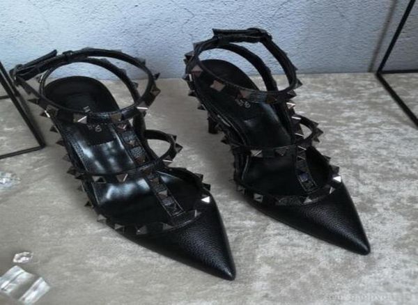 

fashion women pumps casual designer gold matte leather studded spikes slingback strappy ankle point toe high heels s6197521, Black