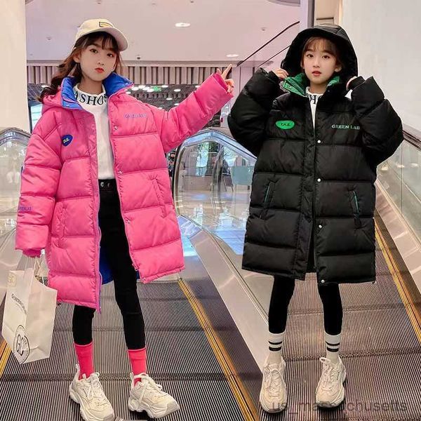 

down coat winter children long thick down cotton jacket girls letters bright down coat kids hooded warm parkas outwear 5-14yrs r230905, Blue;gray