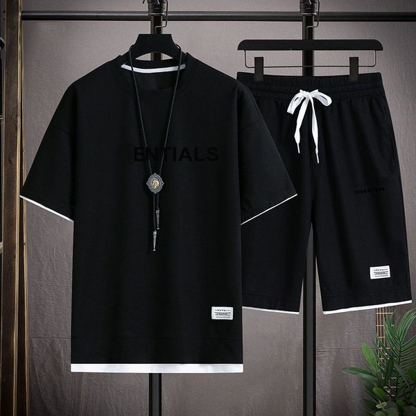 

2023 summer new waffle t-shirt shorts two-piece hong kong style men's -3xl, Gray