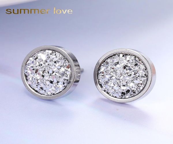 

2019 new titanium steel stud earrings for women men fashion 12mm handmade round crystal druzy earrings trendy simple jewelry gift5077250, Golden;silver