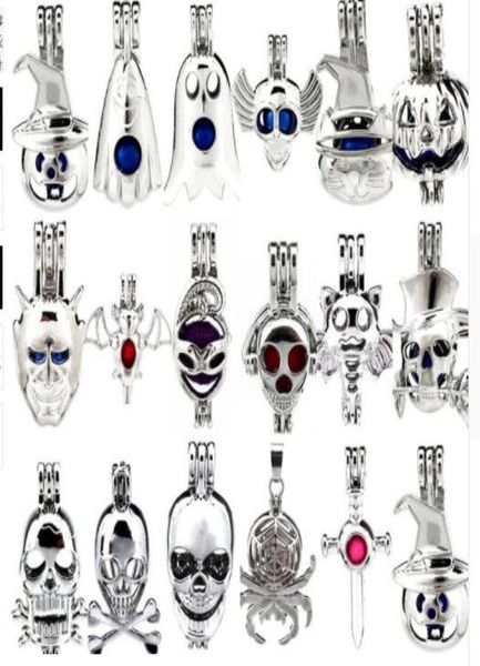 

mix 20 styles halloween themes pearl cages pendants skull ghost bat pumpkin spider silver plated cage locekts 5pcs5832519