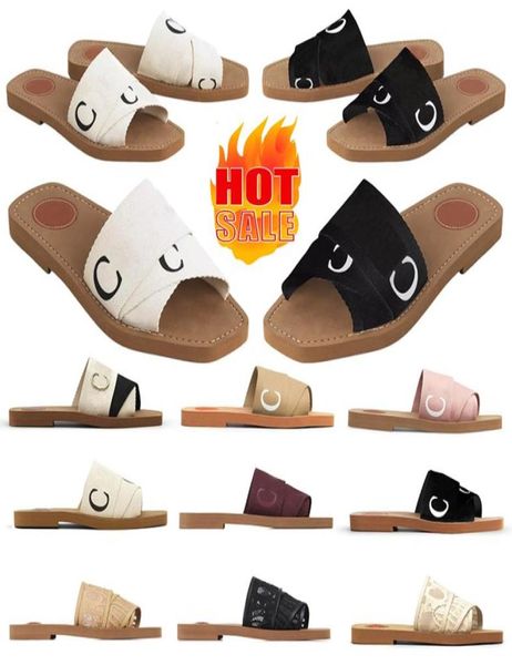 

designer slippers women slides woody mules flat sandals light tan beige white black pink fashion lace lettering fabric canvas outd3615706
