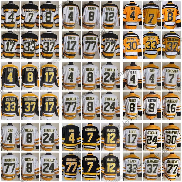 

1924-1999 ccm vintage college hockey jerseys 37 patrice bergeron 16 derek sanderson 7 phil esposito 24 terry o'reilly 12 adam oates 9 j, Black