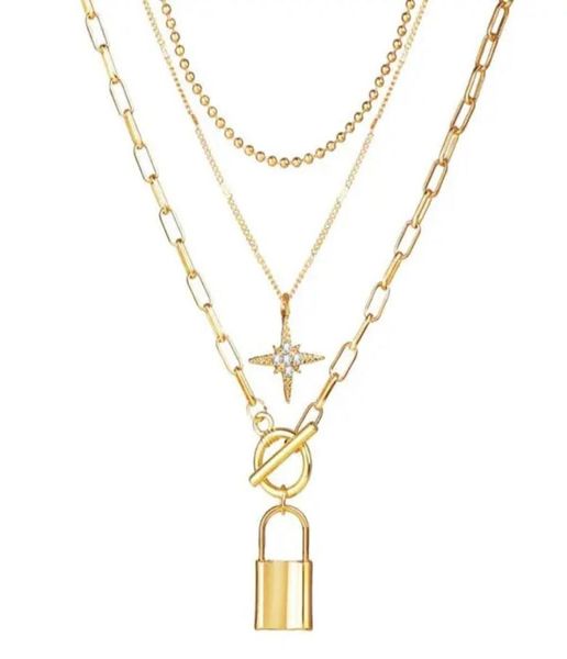 

european and american necklace women new alloy clavicle chain creative personality multilayer eightpointed star lock pendant mul8198745, Silver