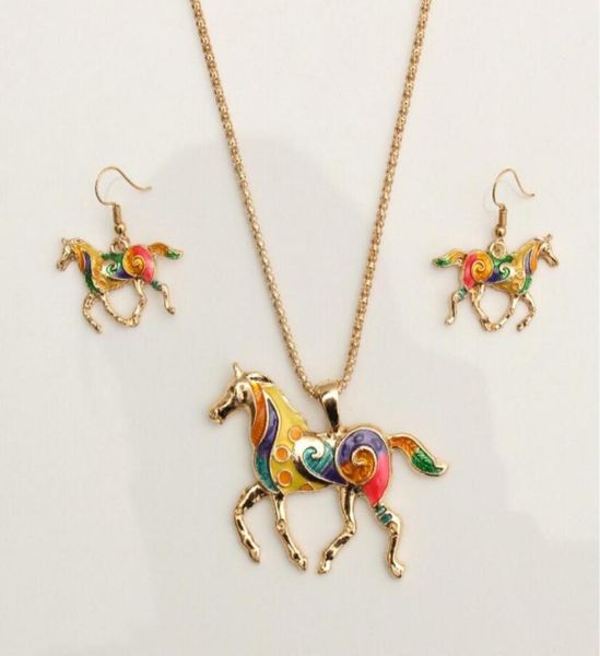 

new europe vintage party casual jewelry set women039s colored glaze horse necklace with earrings s3702961505, Silver