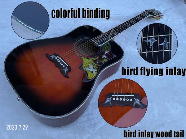 

acoustic guitar tobacco burst bird flying inlay on fingerboard and tail abalone binding rosewood fingerboard with pickguard