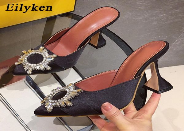 

eilyken 2020 sun flower crystal fashion women pumps rhinestone spike high heels party silk pointed toe mules slippers lj200929708443, Black