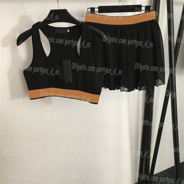 

cropped singlet skirts set women sleeveless t shirt pleated mini skirt summer tracksuit, Black