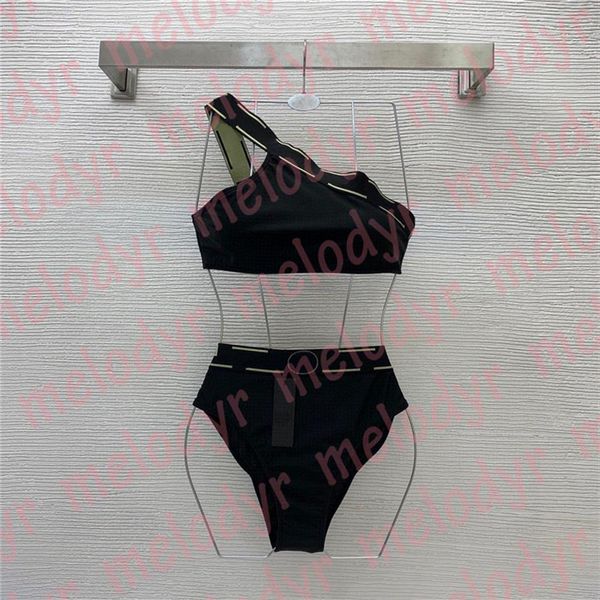 

women two piece swimwear one shoulder swimsuit designer beach bathing suit classic printed bikini set2154, Black