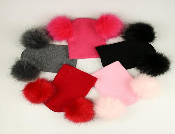 

kids pom pom beaies ins winter knitted hat warm wool hat skull beanie detachable double fur ball children knit outdoor caps ljja281669430, Blue;gray