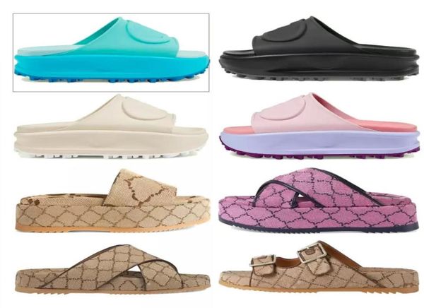 

2022 interlocking double slippers platform sandal women men luxury sandals beach slippers retro summer vintage macaron color g san1310647, Black